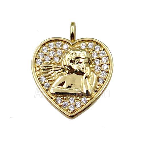 copper heart pendant pave zircon, angel, gold plated
