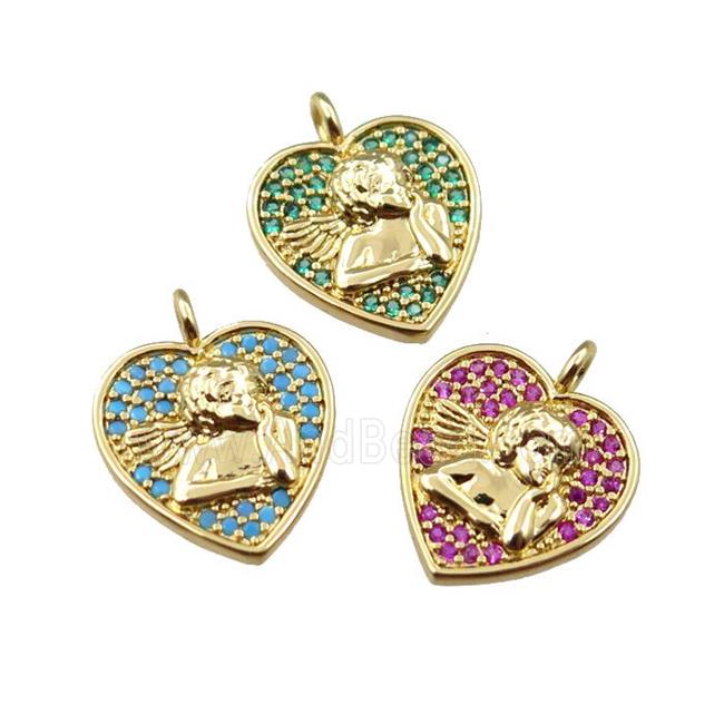 copper heart pendant pave zircon, angel, gold plated, mix