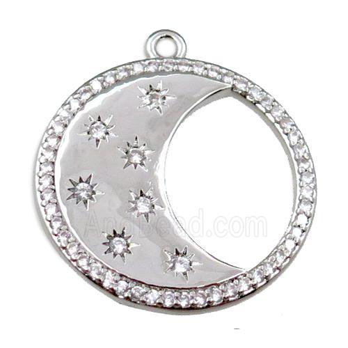 copper circle moon pendant pave zircon, platinum plated
