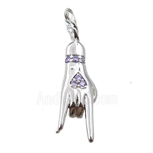 copper hand pendant pave zircon, platinum plated