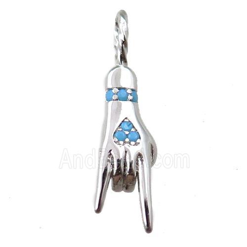 copper hand pendant pave zircon, Rock On Sign Charm, platinum plated