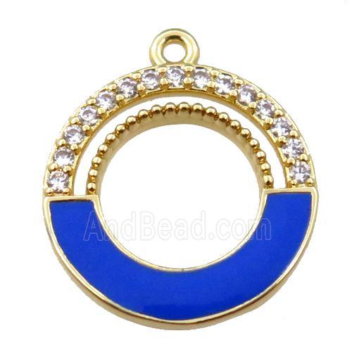 copper circle pendant pave zircon with blue enameled, gold plated
