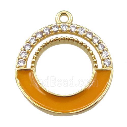 copper circle pendant pave zircon with orange enameled, gold plated