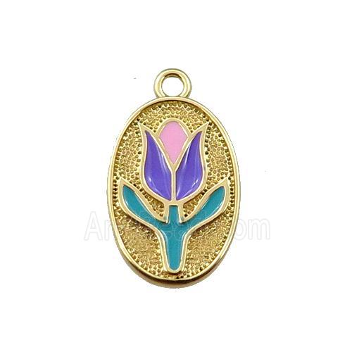 copper lotus pendant, oval, enameling, gold plated