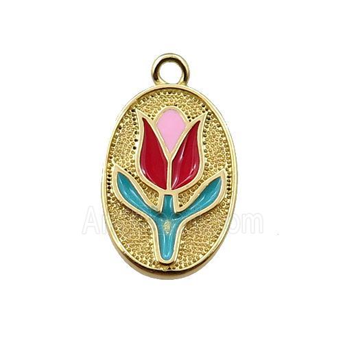copper lotus pendant, oval, enameling, gold plated