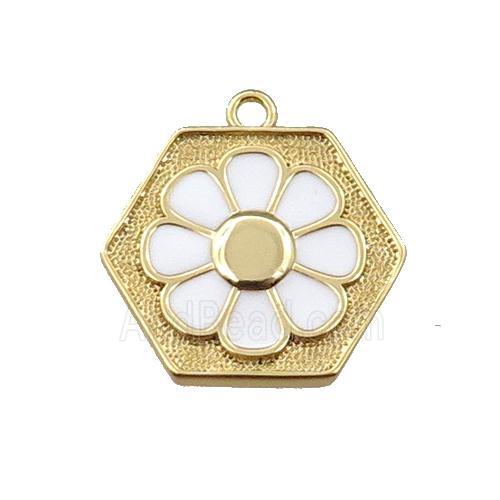 copper daisy pendant, hexagon, white enameling, gold plated
