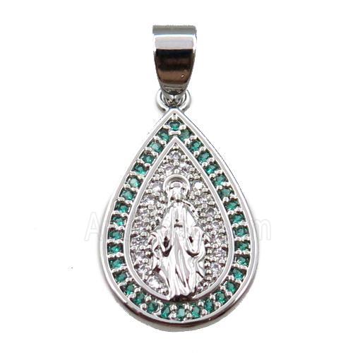 copper teardrop pendant pave zircon, jesu, platinum plated