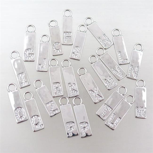 copper rectangle pendant pave zircon, letter, platinum plated, mix