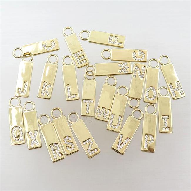 copper rectangle pendant pave zircon, letter, gold plated, mix