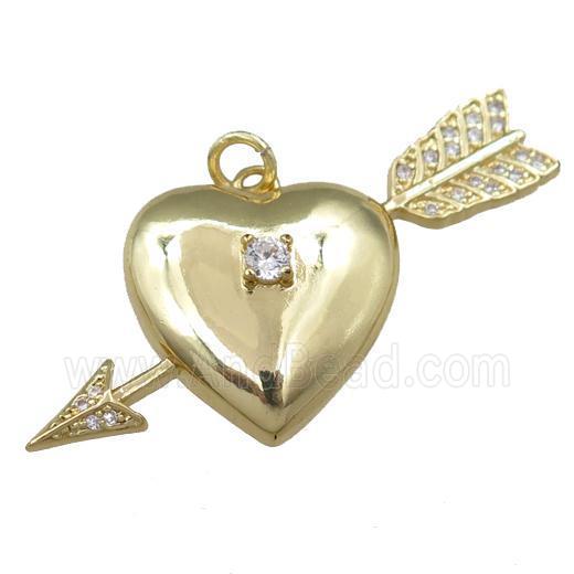 copper heart pendant paved zircon, cupid arrow, gold plated