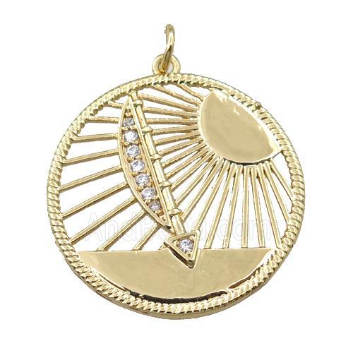 copper circle pendant, sun, gold plated