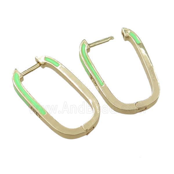 copper Latchback Earrings with green enameled, gold plated
