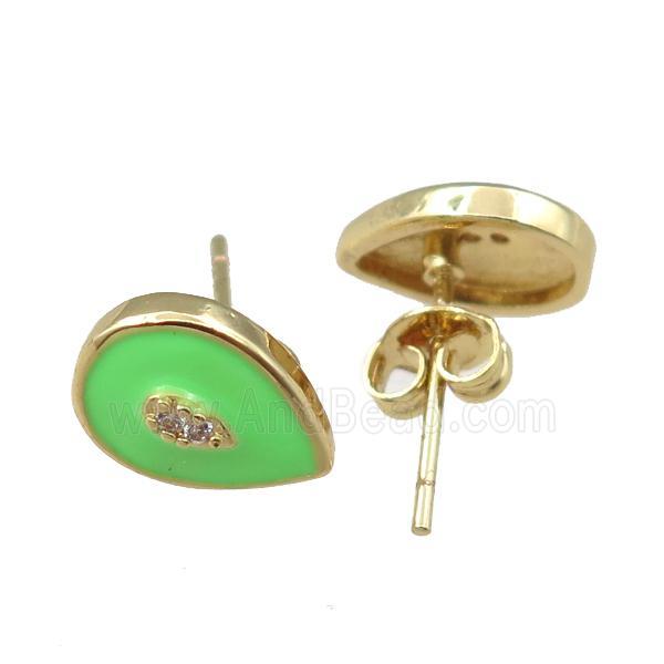 copper Stud Earring with green enameled, teardrop, gold plated