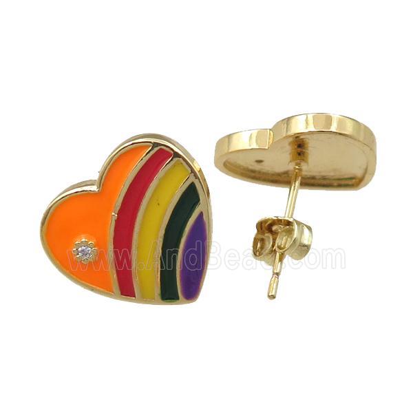 copper Stud Earring with enameled, heart, gold plated
