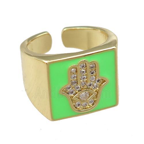 copper Rings with green enameled, hamsahand, adjustable, gold plated