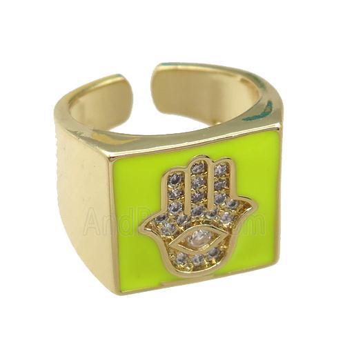 copper Rings with olive enameled, hamsahand, adjustable, gold plated