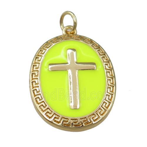 copper oval pendant with yellow enameled, cross, gold plated