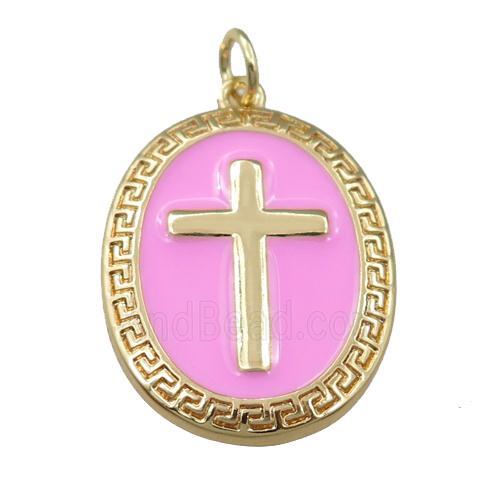 copper oval pendant with pink enameled, cross, gold plated