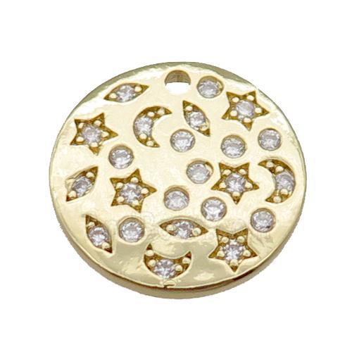 copper circle pendant pave zircon, celestial, gold plated