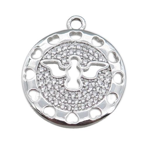 copper circle pendant pave zircon with angel, platinum plated