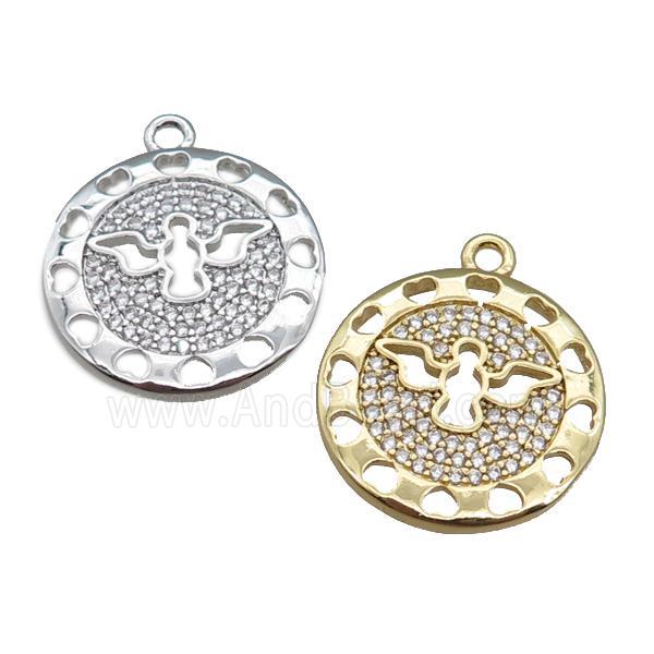 copper circle pendant pave zircon with angel, mixed