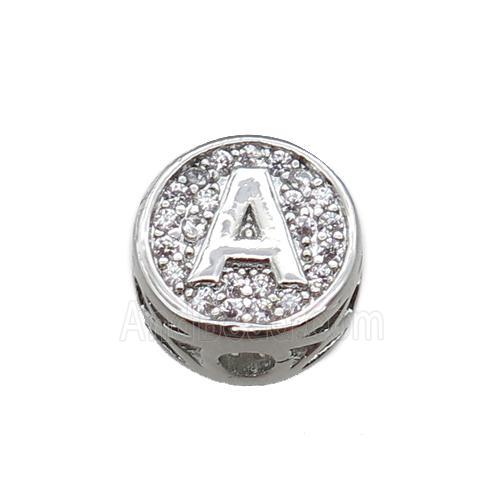 copper beads pave zircon, letter, platinum plated