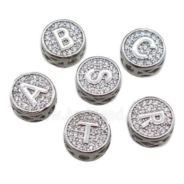 copper alphabet beads pave zircon, mix letter, platinum plated