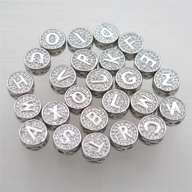copper alphabet beads pave zircon, mix letter, platinum plated