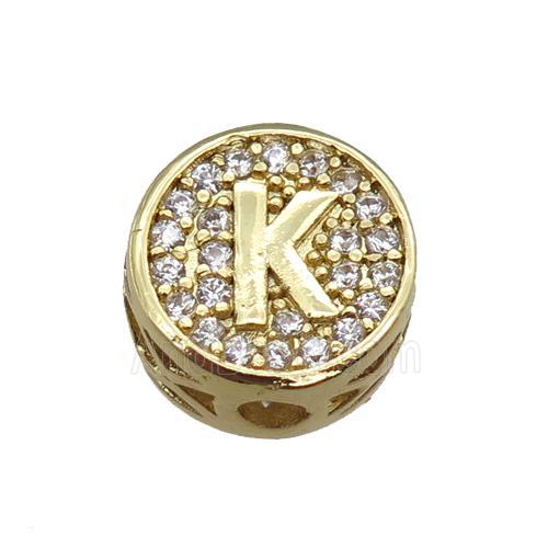 copper beads pave zircon, letter, gold plated