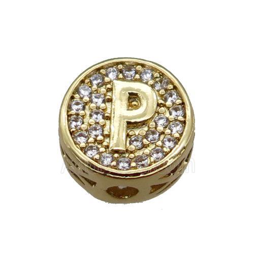 copper beads pave zircon, letter, gold plated