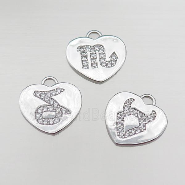 copper heart pendant pave zircon, mix zodiac, platinum plated