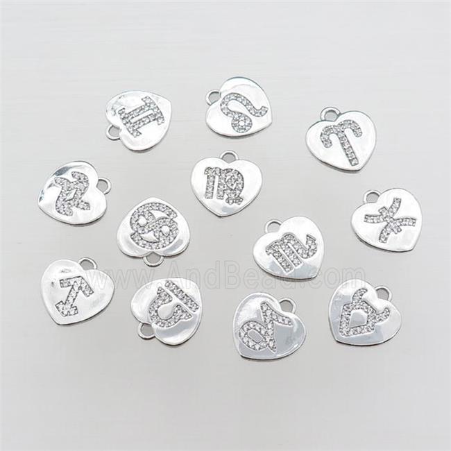 copper heart pendant pave zircon, mix zodiac, platinum plated