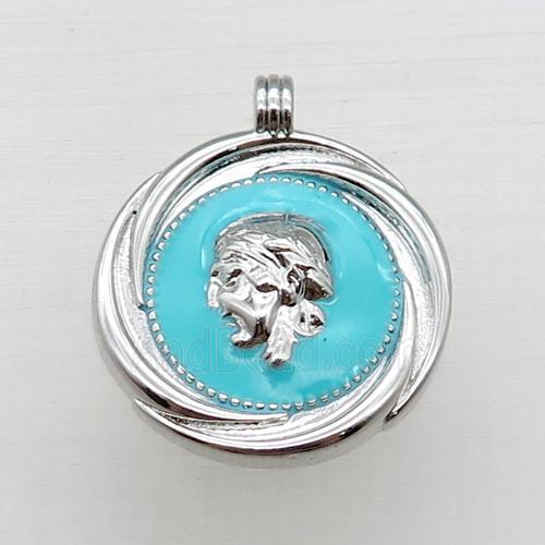 copper circle pendant, enameled, platinum plated