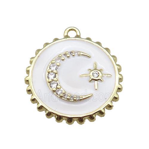 copper circle pendant with moon, enameled, gold plated