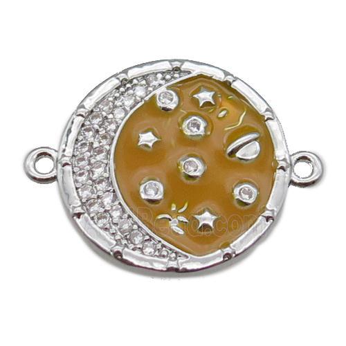 copper circle connector with moon, enameled, platinum plated
