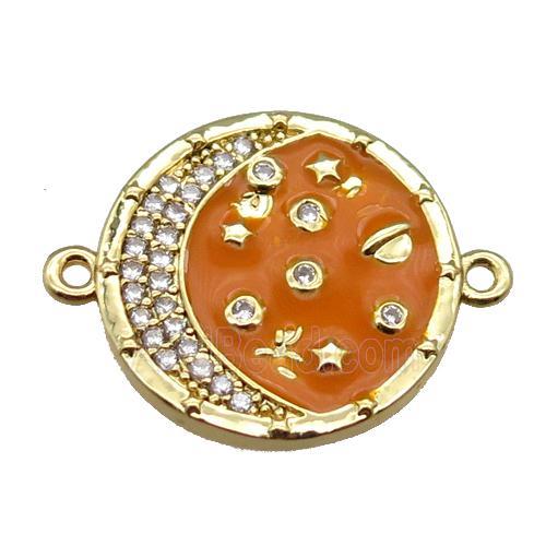 copper circle connector with moon, enameled, gold plated
