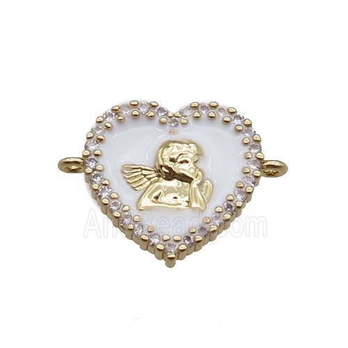 copper heart connector with angel, enameled, gold plated