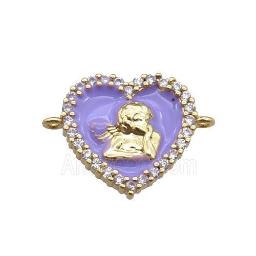 copper heart connector with angel, enameled, gold plated