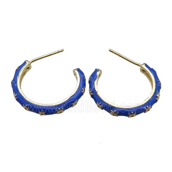 copper Stud Earrings with blue enameled, gold plated