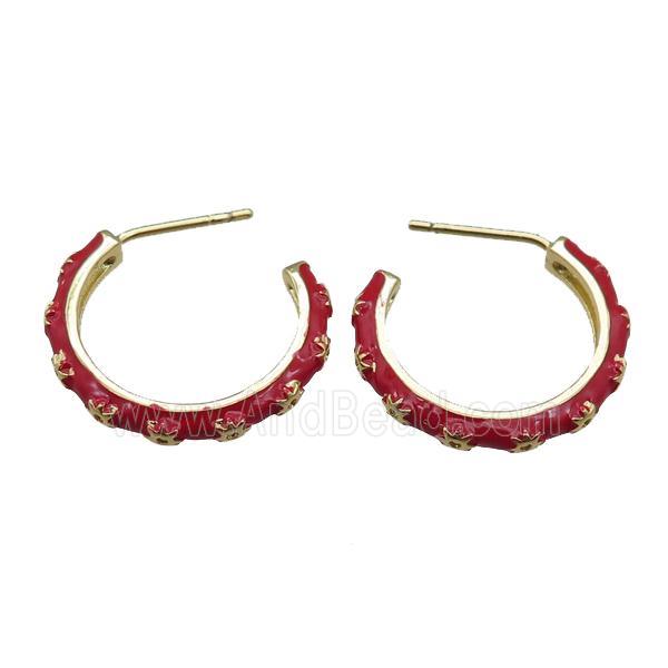 copper Stud Earrings with red enameled, gold plated