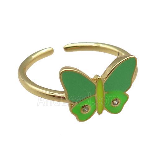 copper Rings, green enameled butterfly, adjustable, gold plated