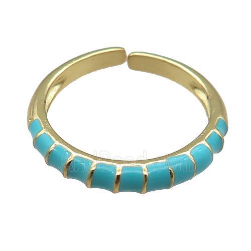 copper Rings, teal enameled, adjustable, gold plated