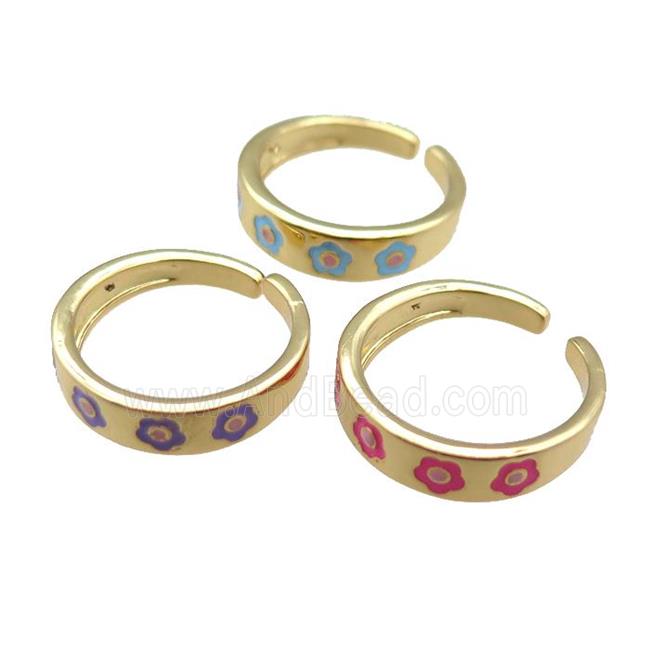 Copper Rings with enameling flower, mixed, adjustable, gold plated