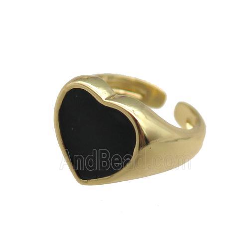 Copper Rings with black enameled heart, adjustable, gold plated