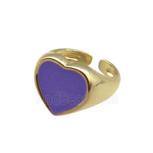 Copper Rings with purple enameled heart, adjustable, gold plated
