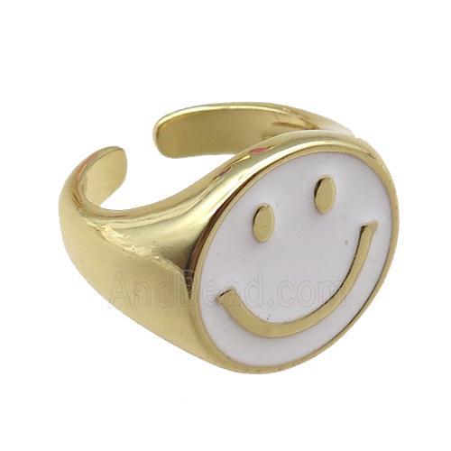 copper rings with white enameled smileface emoji, adjustable, gold plated
