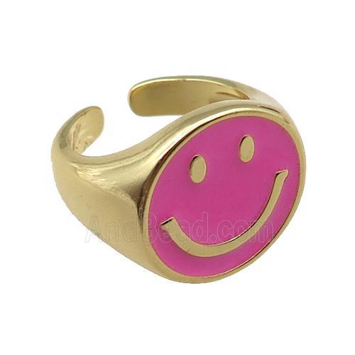 copper rings with pink enameled smileface emoji, adjustable, gold plated