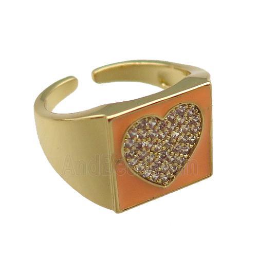 copper rings paved zircon with orange enameled, heart, adjustable, gold plated