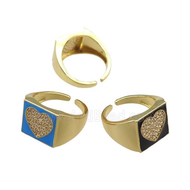 mix copper rings paved zircon with enameled, heart, adjustable, gold plated