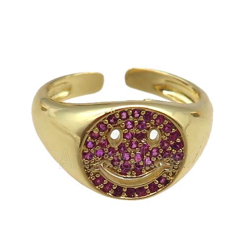 copper rings paved pink zircon with smileface emoji, adjustable, gold plated